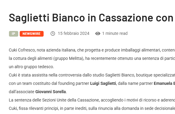 Saglietti Bianco in Cassazione con Cuki