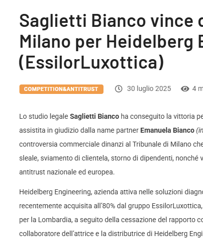 Saglietti Bianco wins before the Court of Milan for Heidelberg Engineering (EssilorLuxottica)